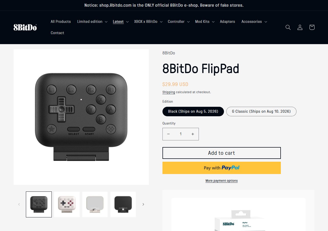 8BitDo公式ストアのFlipPad販売ページ。29.99ドルと表示されている