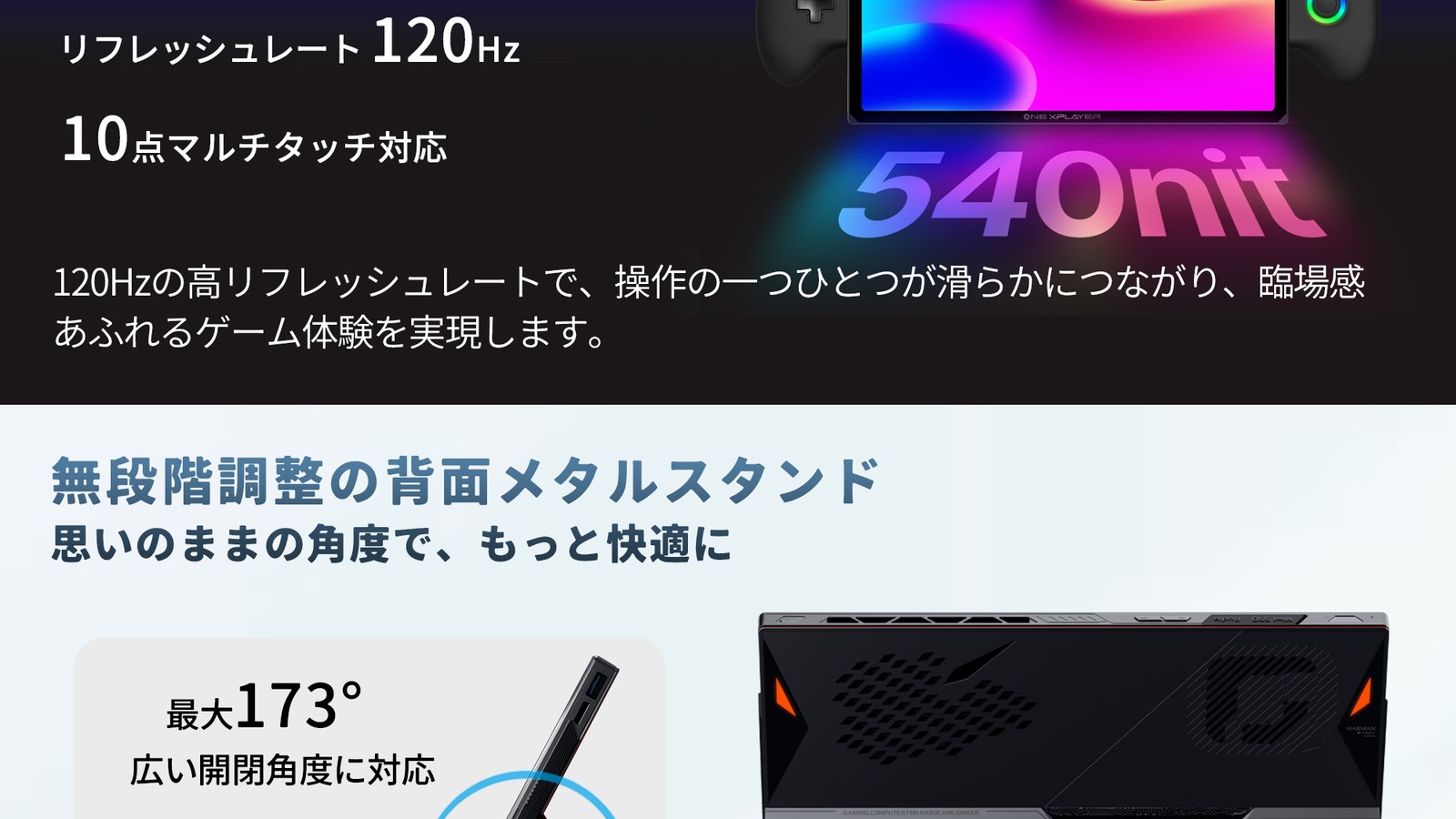 OneXPlayer X2 の10.95インチ120Hzディスプレイと背面メタルスタンド