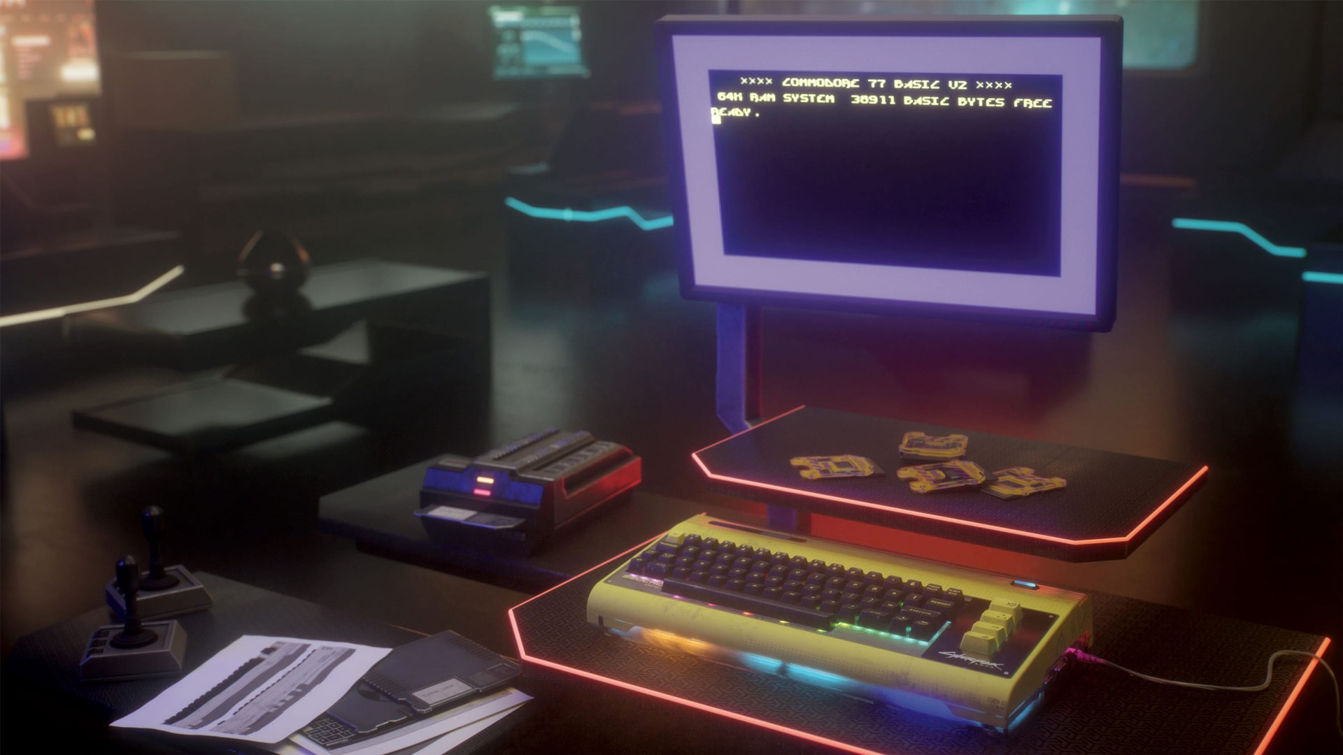 Commodore 77 をブラウン管につないだ様子とカートリッジ