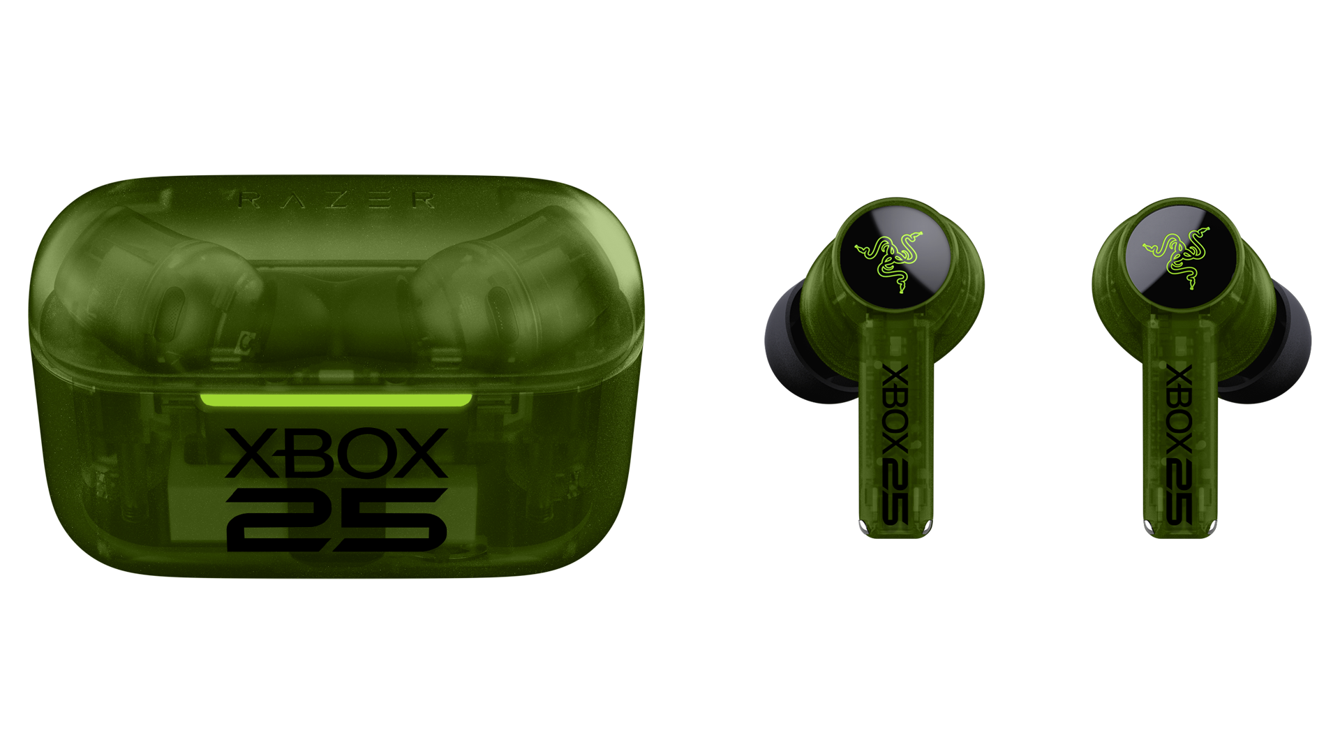Razer Hammerhead V3 X HyperSpeed XBOX 25 Anniversary Editionのワイヤレスイヤホンとケース