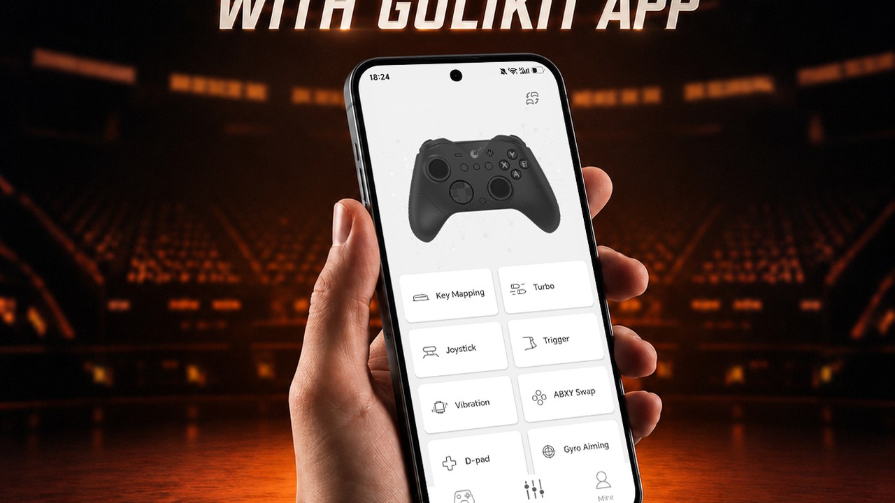 GuliKit公式アプリの告知画像。スマートフォンでコントローラーの設定画面を表示している