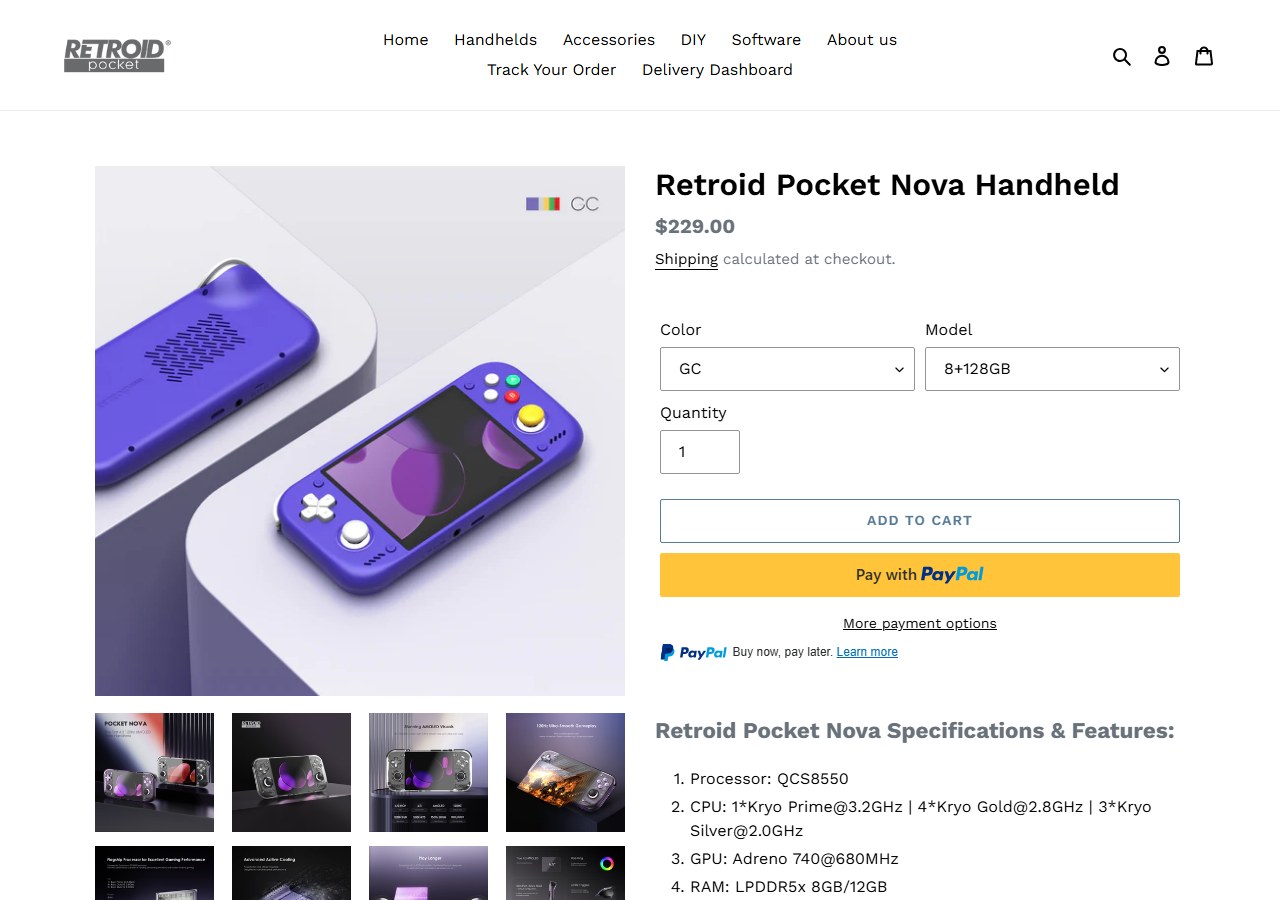 Retroid公式ストアのRetroid Pocket Nova販売ページ。229ドルと表示されている