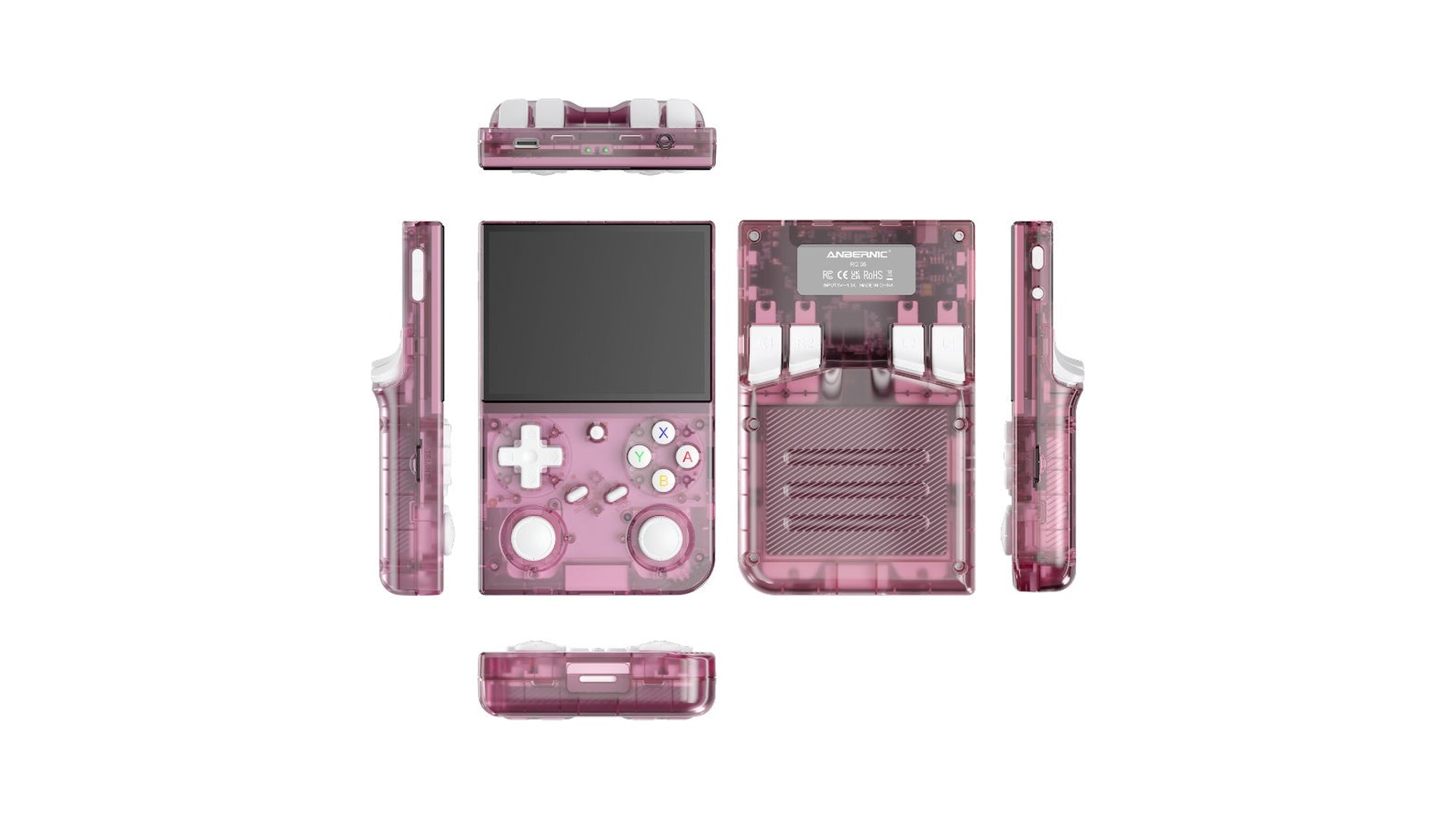ANBERNIC RG 35 スケルトンピンクの六面図